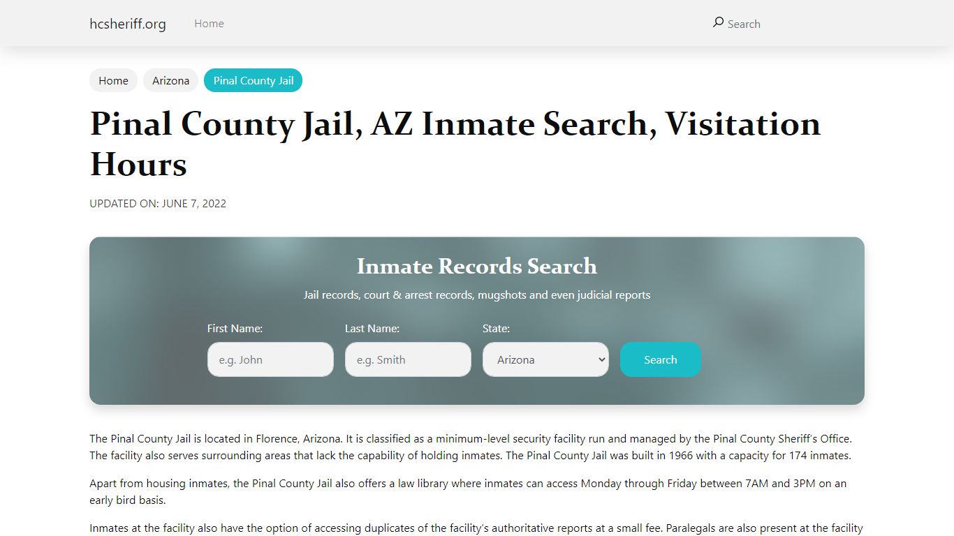 Pinal County Jail, AZ Inmate Search, Visitation Hours